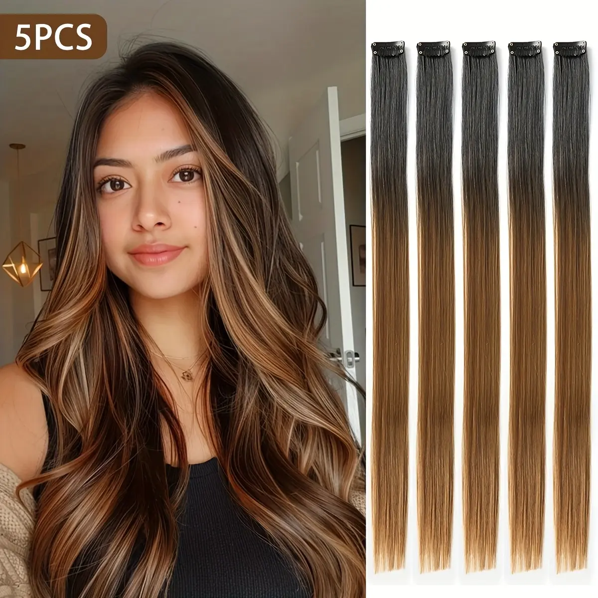5-piece set of Halloween and Christmas synthetic clip-in hair extensions 20inch red, blue, gray, brown multi-color clip-in wigs for women's party costumes and cosplay straight hair extensions with highlights - Y2K style