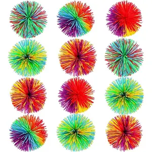 12 Pack Sensory Stringy Balls - Soft Rainbow Pom Bouncy Stress Balls, Fidget Toys for Party Favors, Basket Stuffers, Classroom Gifts, Multicolor 2.75 Inch