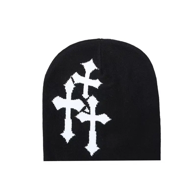 Knit Beanie Cross Jacquard Hat, Street Style Fitted Warm Cold Cap, Outdoor Sports Hip Hop Beanies for Fall & Winter, Hat Accessory