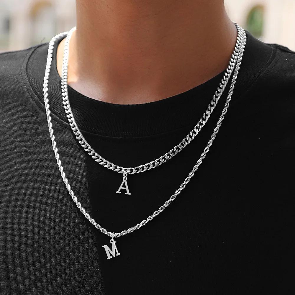 Trendy new 26-letter Cuban necklace Men's initials pendant chain Creative collarbone chain Hip-hop style necklace jewelry, boys' favorite gifts, boyfriend gifts