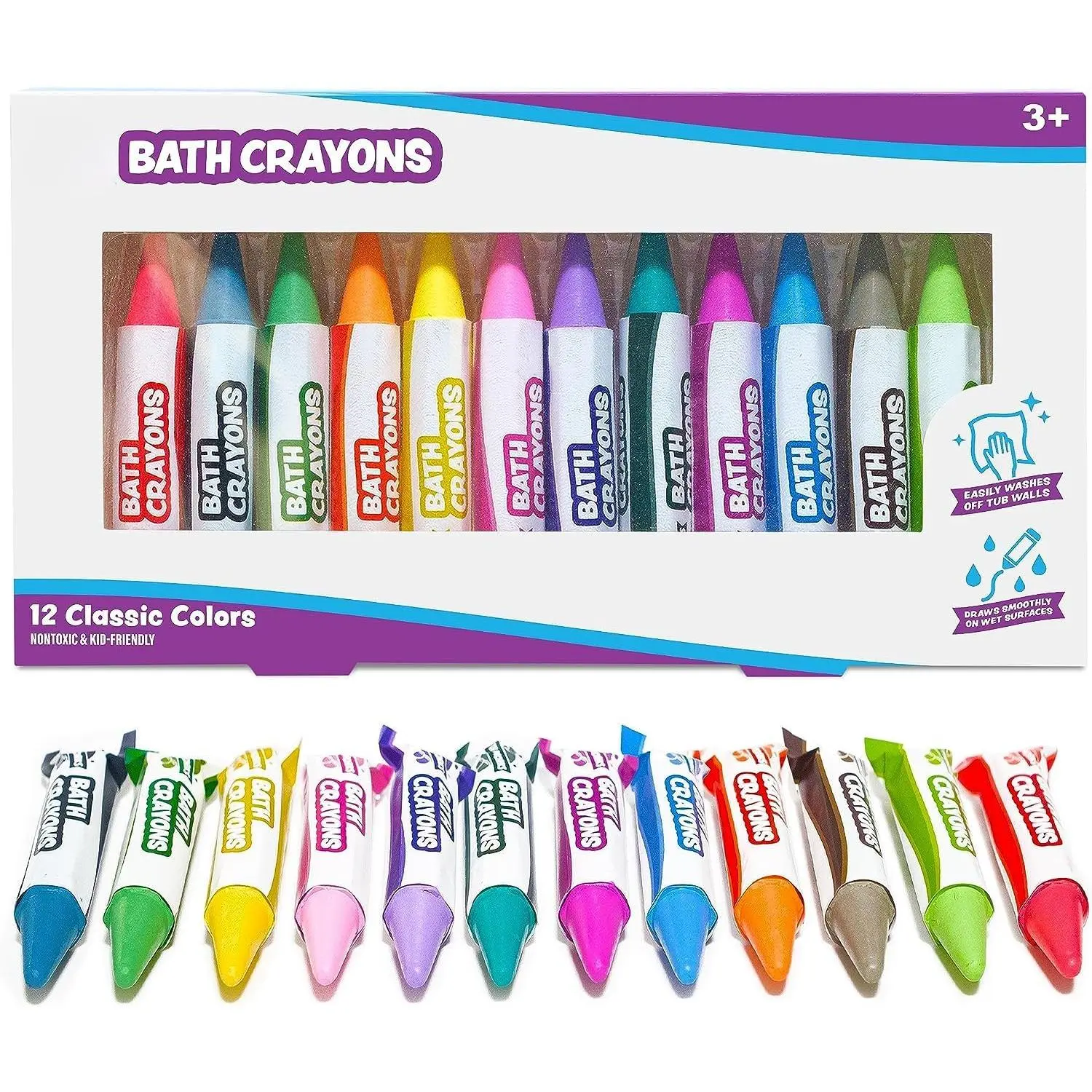 Smooth ™   Bath Crayons Bath Toy, 12 Pack |   Nontoxic, Washable Bath Crayons  Toddlers & Kids |   Unique Formula Draws Smoothly & Vividly on Wet & Dry Tub Walls |   Hexagon Grip Bathtub Crayons