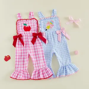 Little Girl Back to School Outfit Apple Short Sleeve Plaid Bell Bottoms Jumpsuit First Day of School Class Clothes