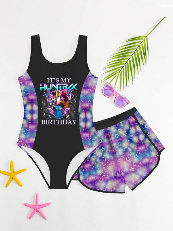 K-Pop Hunter Girl Swimsuit Set, Starry Gradient Two-Piece, Shiny Sweet Cool Separated Swimwear for Women, Tankini With Shorts
