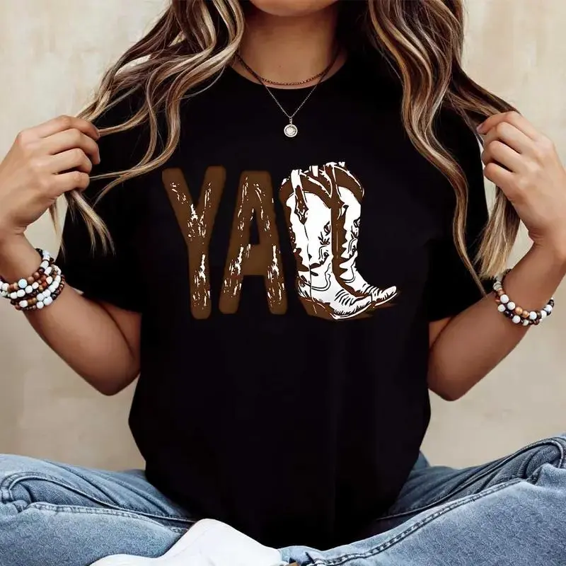 Yall Cowboy Boot Print T Shirt White Crewneck Casual Wear For Women Western Style Outfit Country Music Festival Party Clothes