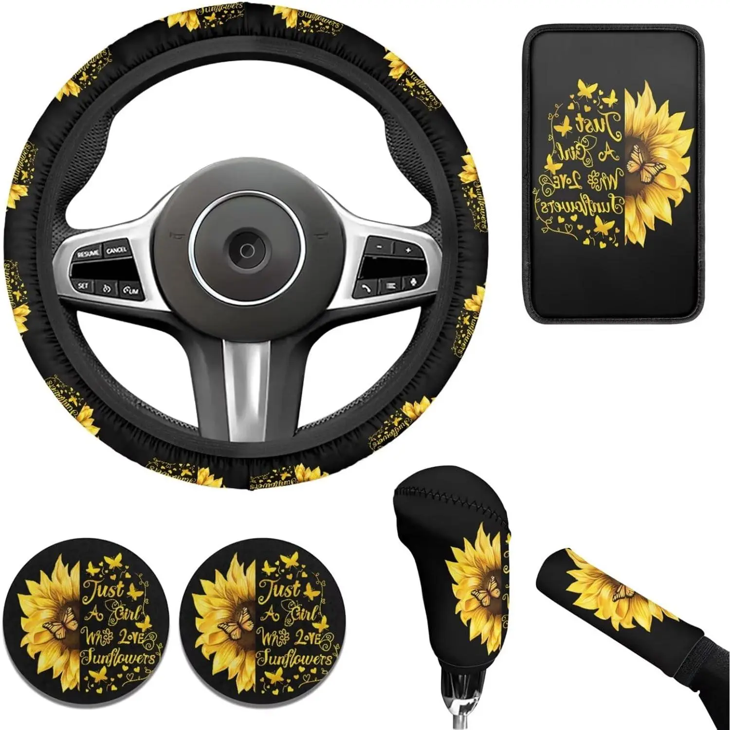 Sunflower Car Accessories for Women 6 PCS Steering Wheel Cover Black Sunflower Cup Coaster Car Armrest Cover Fits Most Cars Trucks Vans and SUV