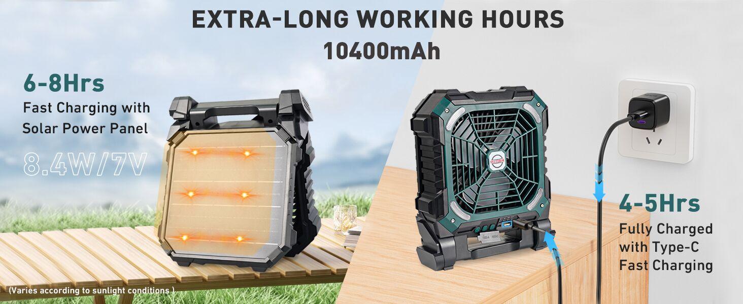 Solar Camping Fan with Light, 10400mAh USB Rechargeable Portable Fan