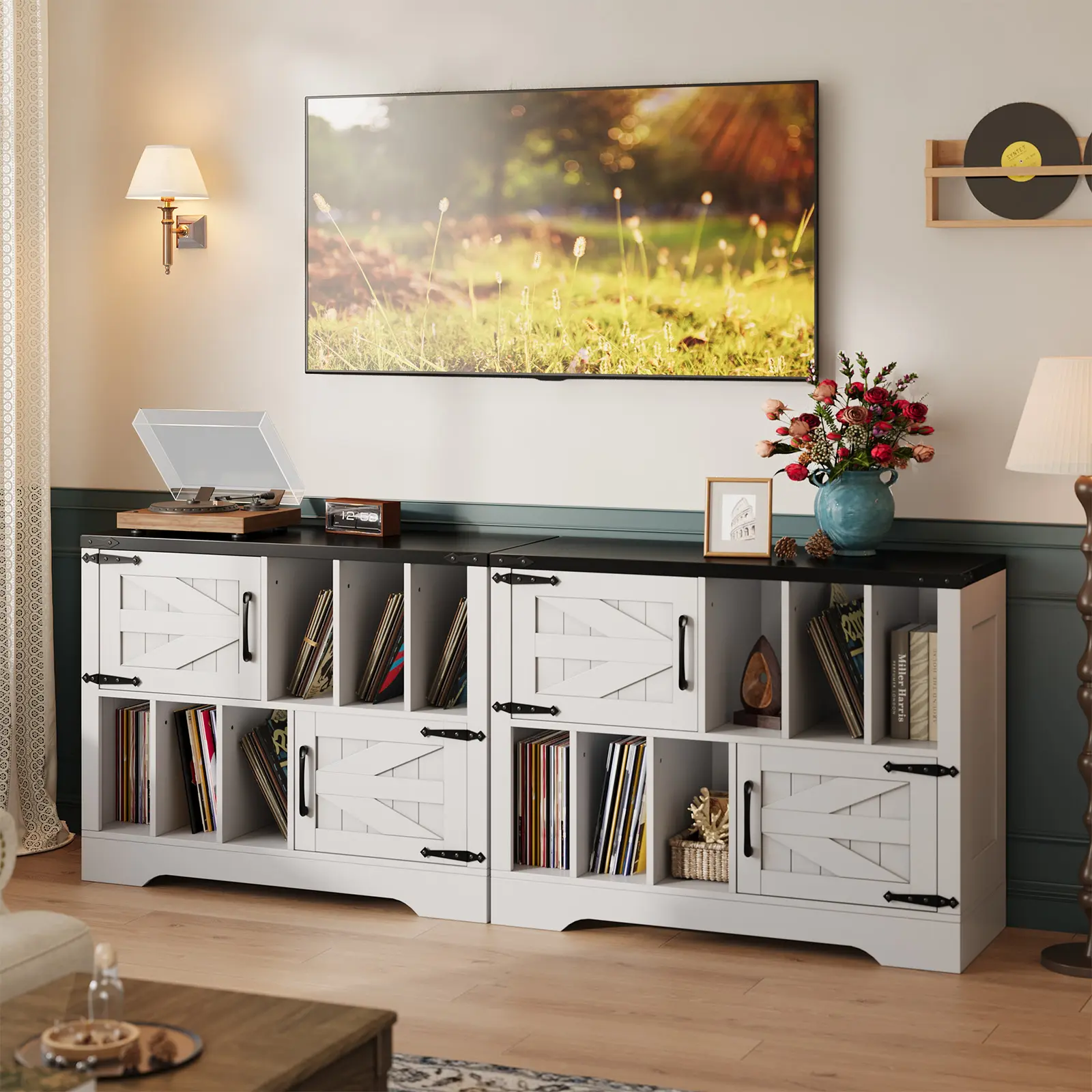 Spacious Vinyl Storage Record Player Stand – 39" Wood Entertainment Cabinet with 2 Barn Doors, Holds Up to 450 Albums, Farmhouse Style Media Console for Living Room, Bedroom, or Office