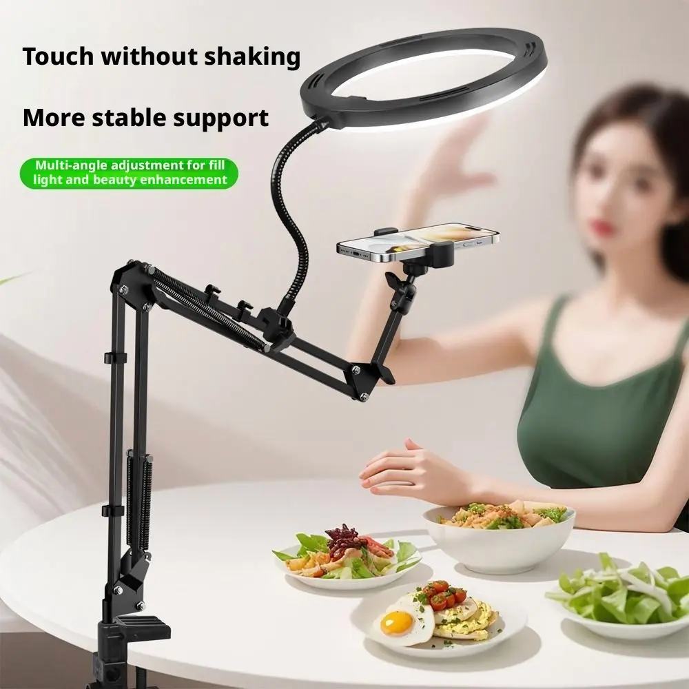 Adjustable Metal Phone Stand with Light, Adjustable Mount, Multi-Joint Vlogging Tripod for Video Bloggers, Ideal for Calligraphy, Art, Food, Jewelry Display