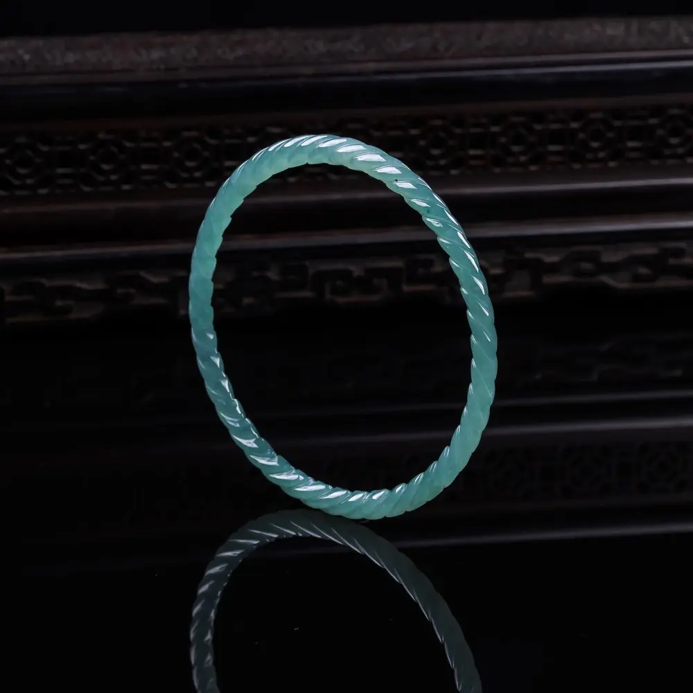 Natural Grade A Blue Water Twisted Carved Jade Bracelet, Round Bar Bangle Made of Natural Jadeite