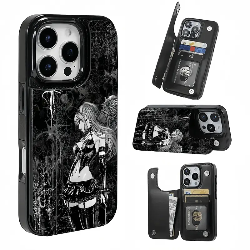 Gothic Anime Girl Spider Lily Monochrome Card Holder, Printed phone case, not 3D textured. Features card slot for bank cards, transit cards etc. Compatible with iPhone 17/16/15/14/13/12. Unisex, great holiday gift.