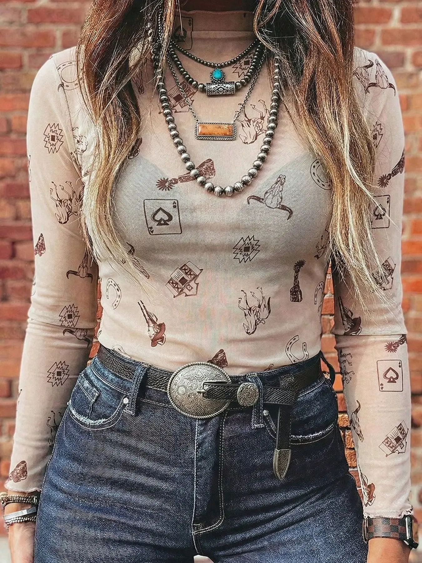 Women's Printed Mesh Stand Collar Long Sleeve Top, High Elasticity Fitted Underwear, Casual Fall & Winter Wear, Medium Length H-Type, Style