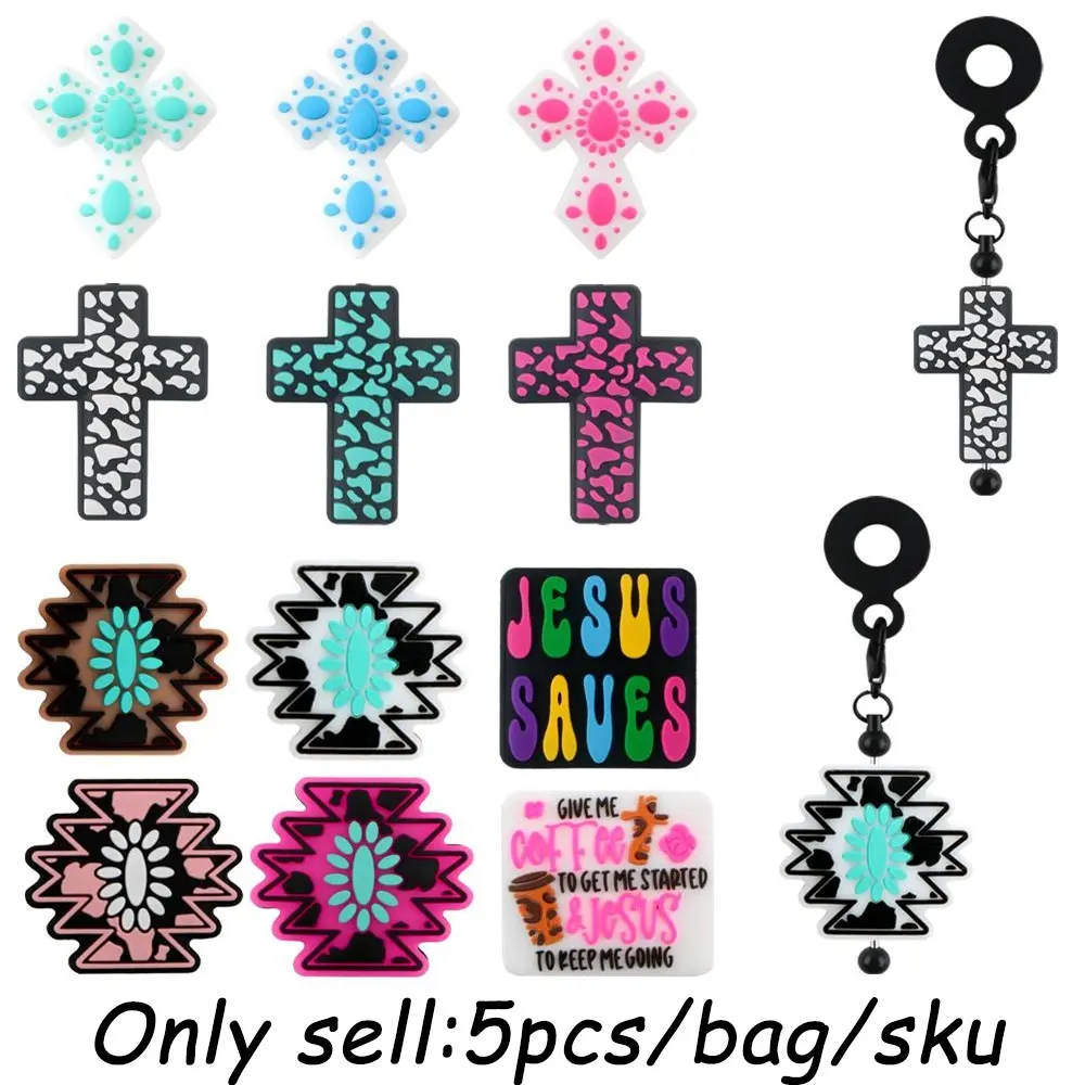 5pcs New Silicone Focal Beads Crosses Gemstones Jesus Text Shapes DIY Beads Suitable for Making Religious Style Bracelets Necklaces Bead pens Jewelry Making Supplies