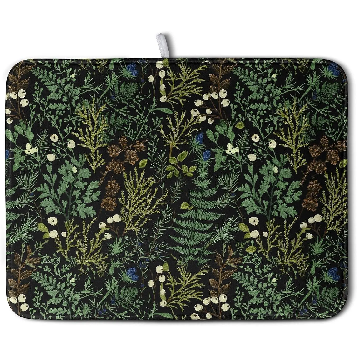 Black Sage Green Plant Dish Drying Mat for Kitchen Counter Vintage Botanic Fern Leaves Floral Dish Drainer Mats Absorbent Microfiber Dishes Pad Reusable Washable Large Dish Draining Mat 18x24 Inch