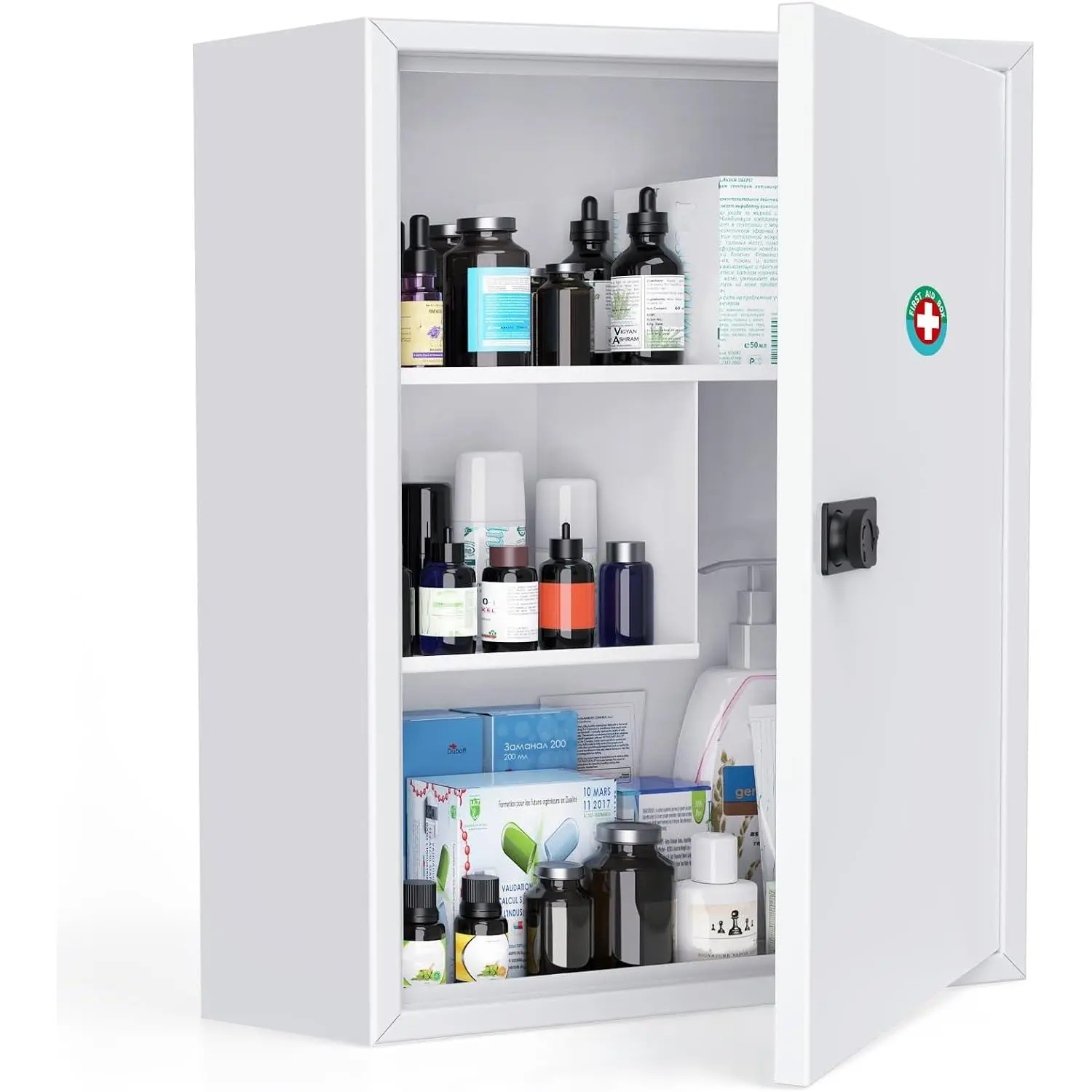 Wall Mount Medicine Cabinet with Combination Lock, Locking First Aid Cabinet, Lockable Medical Cabinet, Large Capacity Medicine Organizer, Secure Steel Wall Cabinet Metal Storage Box, White