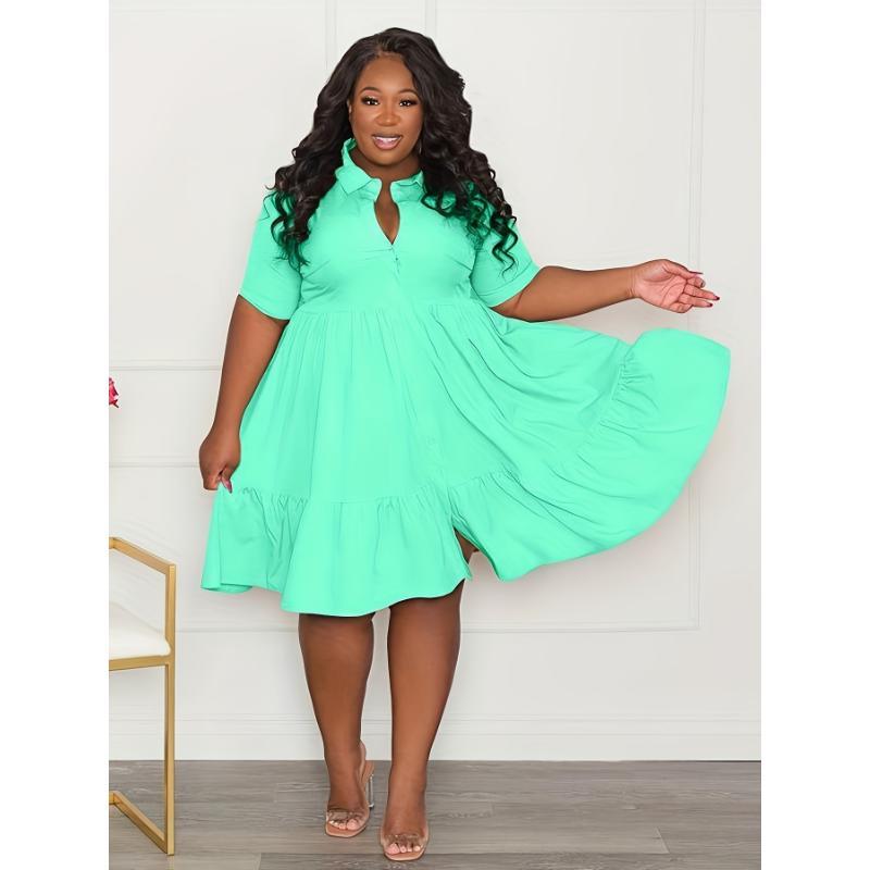 Casual Plus Size Solid Short Sleeve Dress - Ruffle Hem Dress For Spring & Summer Women's Clothing