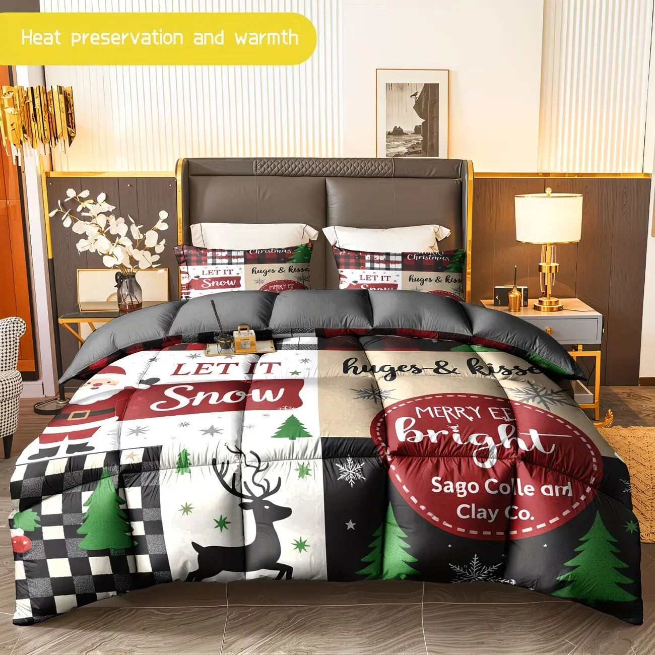 3pcs Christmas plaid quilted quilt set, 1 quilted quilt+2 pillowcases Christmas reindeer Christmas tree patchwork bedding set, Merry Christmas bedroom decoration
