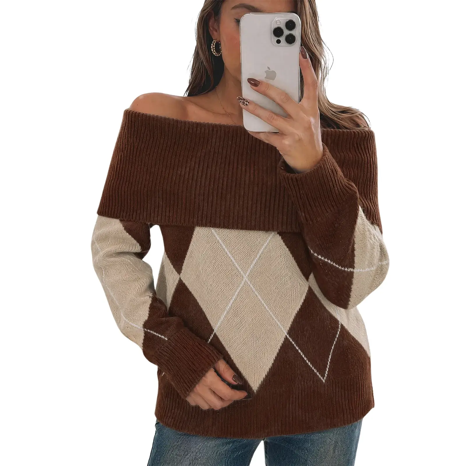 Cicy Bell Women Off Shoulder Argyle Knit Sweater, Fall Long Sleeve Foldover Collar Color Block Pullover Tops, Y2K Vintage Preppy Aesthetic Sweater For Daily Outfit