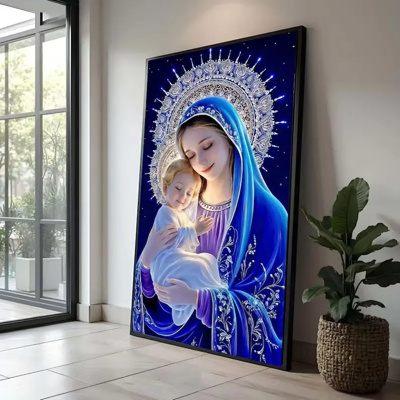 Madonna and Child Canvas Wall Art - Minimalist Colorfast 1-Piece Christianity-Inspired Decor, Virgin Mary Blue Cloak Christian Religious Art for Spiritual Home Spaces