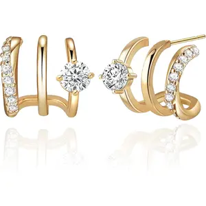 14K Gold Plated Hoop Earrings for Women Triple Huggie Illusion Stud Earring | Double Huggie Hoop Earrings for One Hole | Claw Ear Cuff Earring Jewelry Gift for WomenGift.