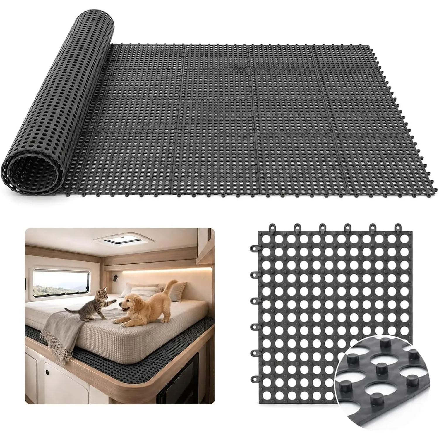 Plastic Ventilated Mattress Underlay Pad, 83" x 59" Breathable Mesh RV Under Mattress Ventilation Pad, Modular Interlocking Underlay for RV, Boat, Camper (Black)
