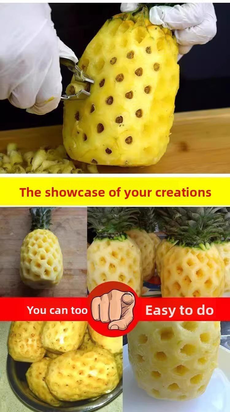 2PCS Stainless steel pineapple peeler, pineapple cutter, eye remover, tweezers, curved sugarcane knife, eye remover, and peeler.