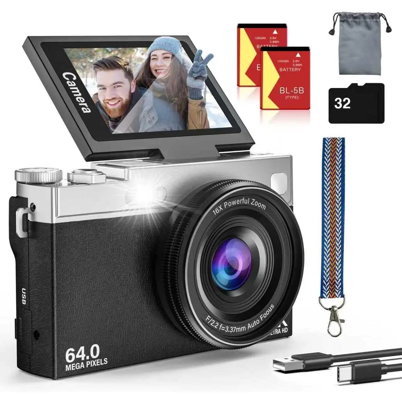 2025  4K Digital Camera for Photography and Vlogging, 64MP & 2.88" 180° Flip Screen Travel Cameras with 16X Zoom, 32GB SD Card, 2 , Anti-Shake,  for Teens and Beginners (Black)