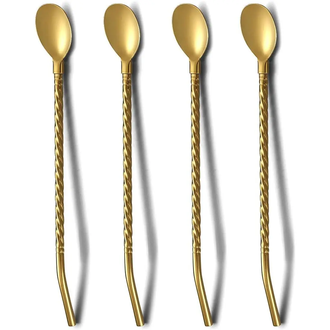 Gold Iced Tea Spoon With Straw Handle For Drinking, 4 Pieces 8.7" Stainless Steel Long Handle Titanium Gold Plating Bar Spork Spoon Silverware For Cocktail, Ice Cream, Mixing and Stirring