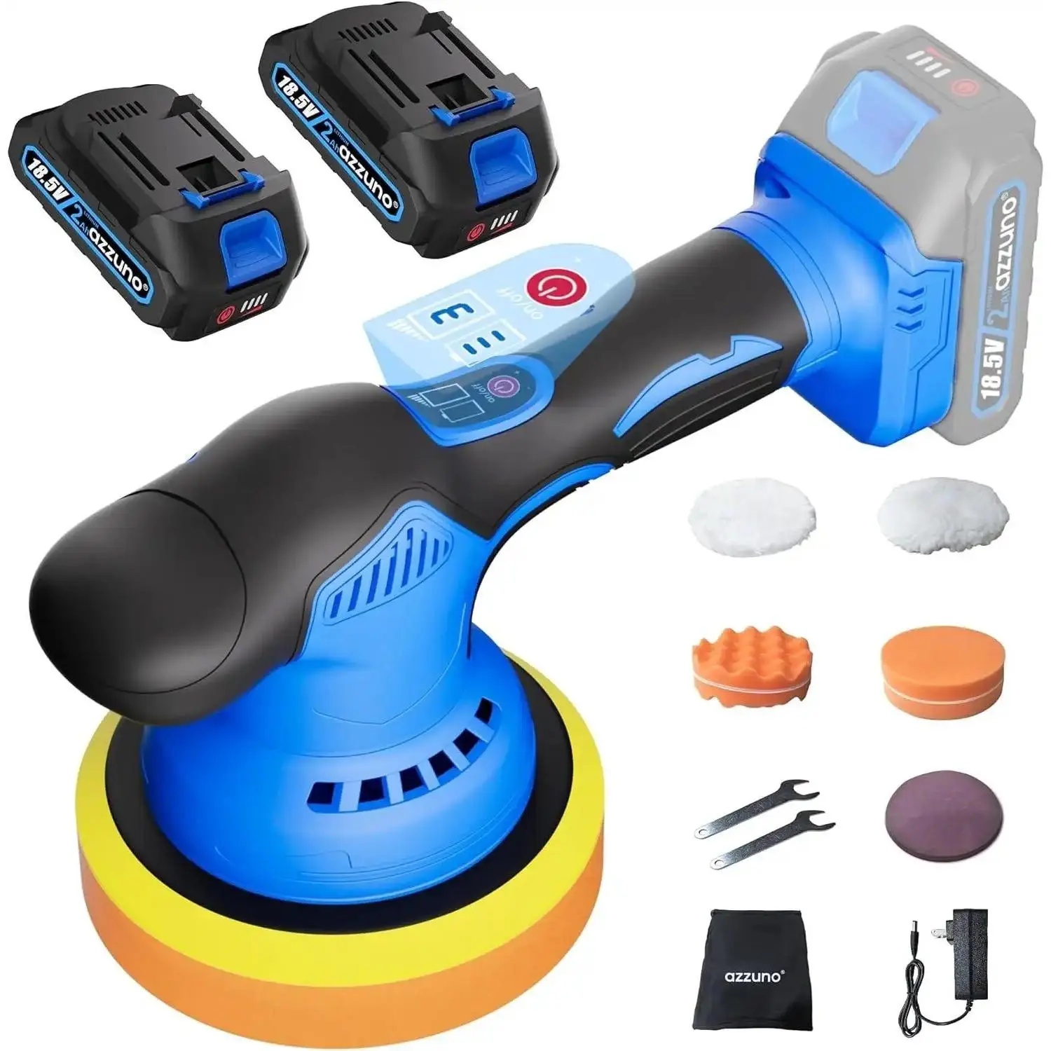 AZZUNO Cordless 6" Rotary Car Buffer Polisher Full Kit - 6-Speed Motor DA Polisher, 2*2Ah Batteries, Rubber Grip, Storage Bag, for DIY Users, Car Detailing, Multiple Surfaces Waxing Scratch Removal