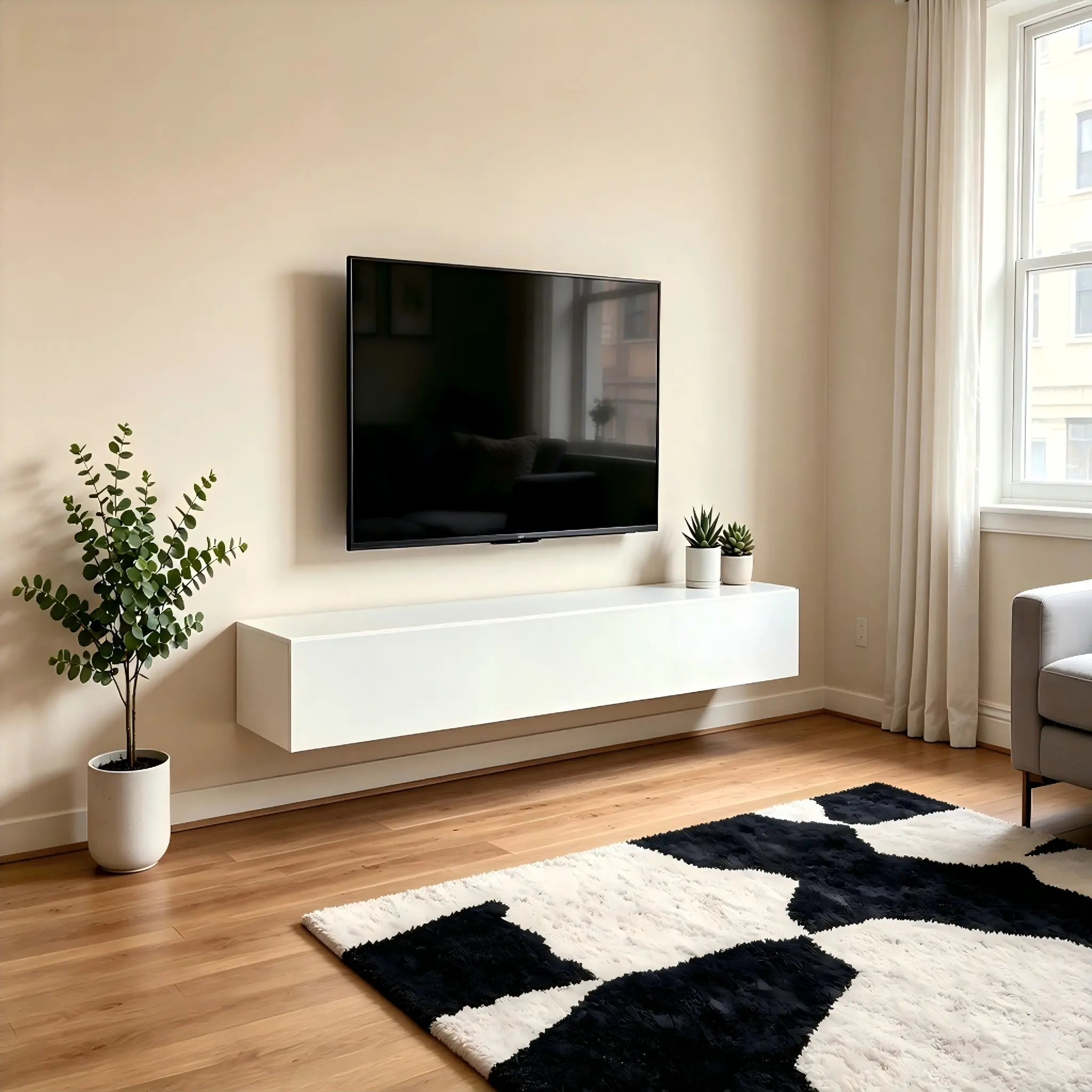 Floating Wall Mounted TV Stand for 50-59 Inch TVs, Modern White Gloss Entertainment Center with Drop Down Hidden Storage Cabinet, 63 Inch Floating Media Console Shelf, Wood Media Cabinet for Living Room Bedroom Home Entertainment Furniture