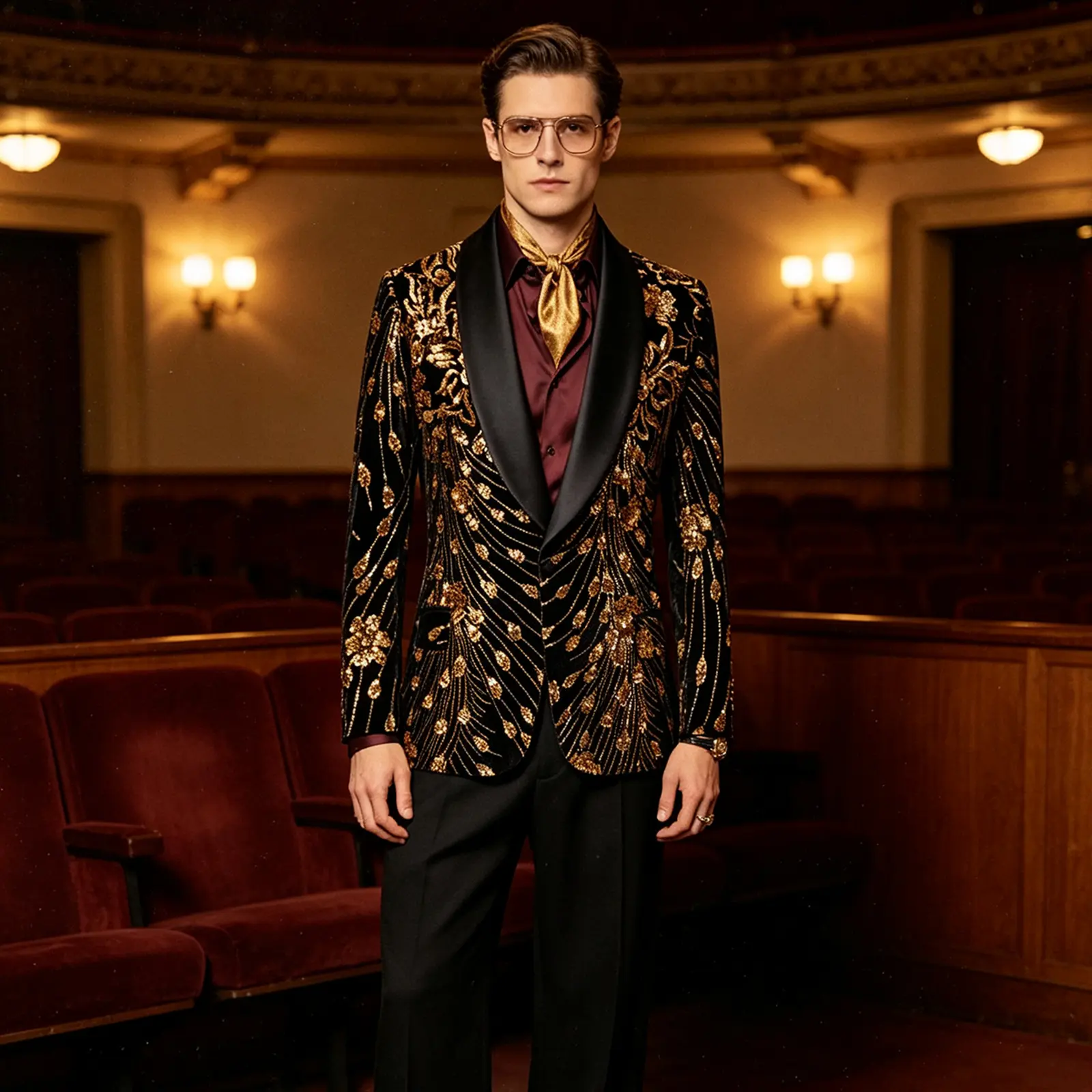 Men Black Gold Glitter Pattern Tuxedo Blazer Satin Shawl Lapel Slim Fit One Button Party Suit Jacket for Prom Wedding Gala Stage