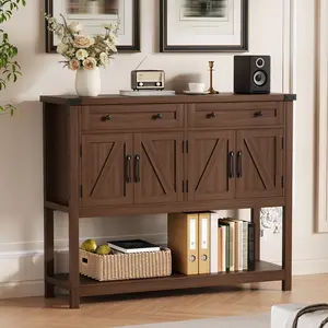 Rustic 47-Inch Wood Coffee Bar Storage Cabinet with 2 Drawers & 4 Barn Doors, Large Farmhouse Console Table and Kitchen Cupboard, Buffet Sideboard for Dining Room, Entryway and Living Area