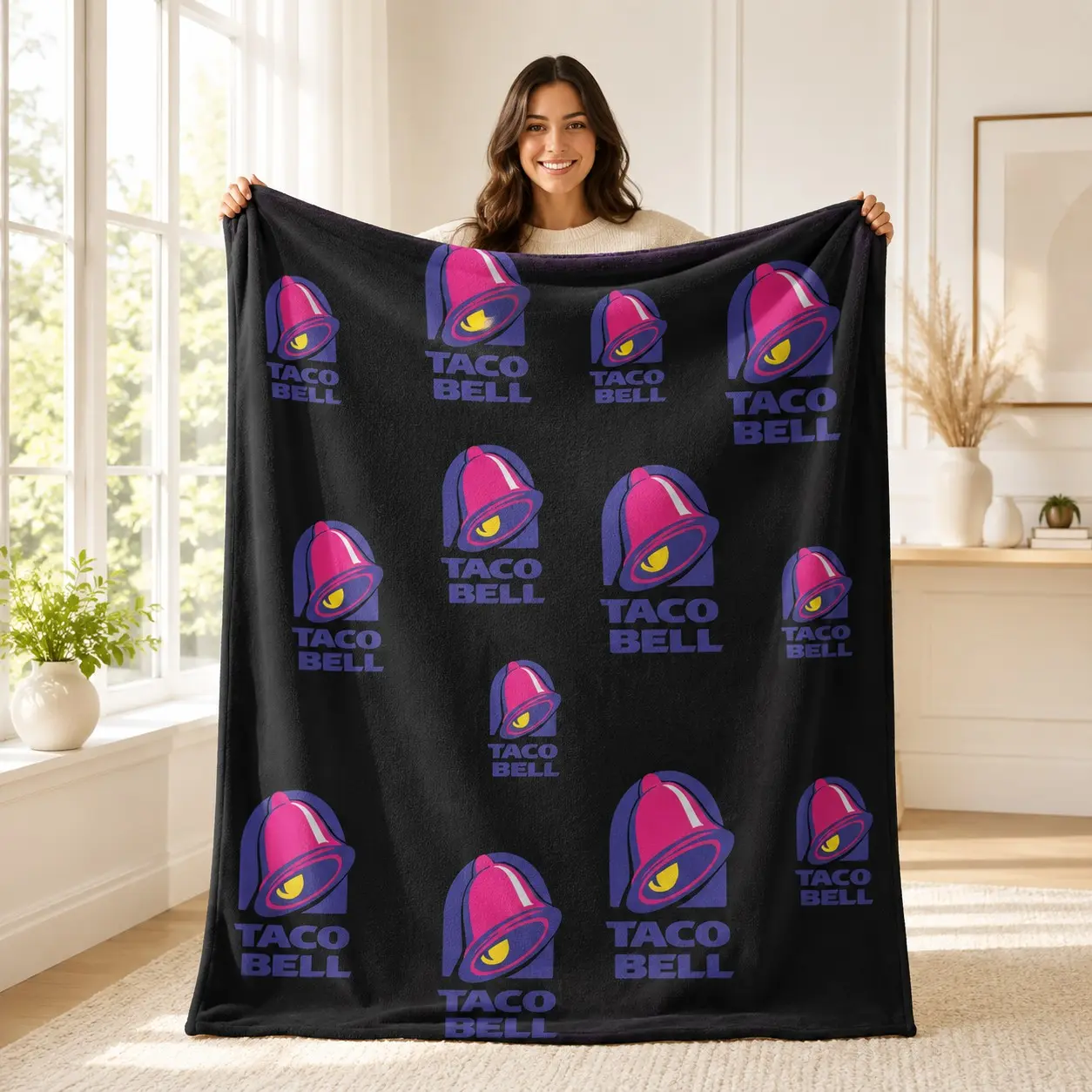 1PC Taco Bell Bell Logo Black Background All Over Print Flannel Blanket, Soft Skin-Friendly Anti-Pilling Machine Washable Lightweight Warm, Suitable For All Seasons, For Home Sofa Rest, Bedroom Naps, Fast Food Themed Home Decor, For American Fast Food Bra