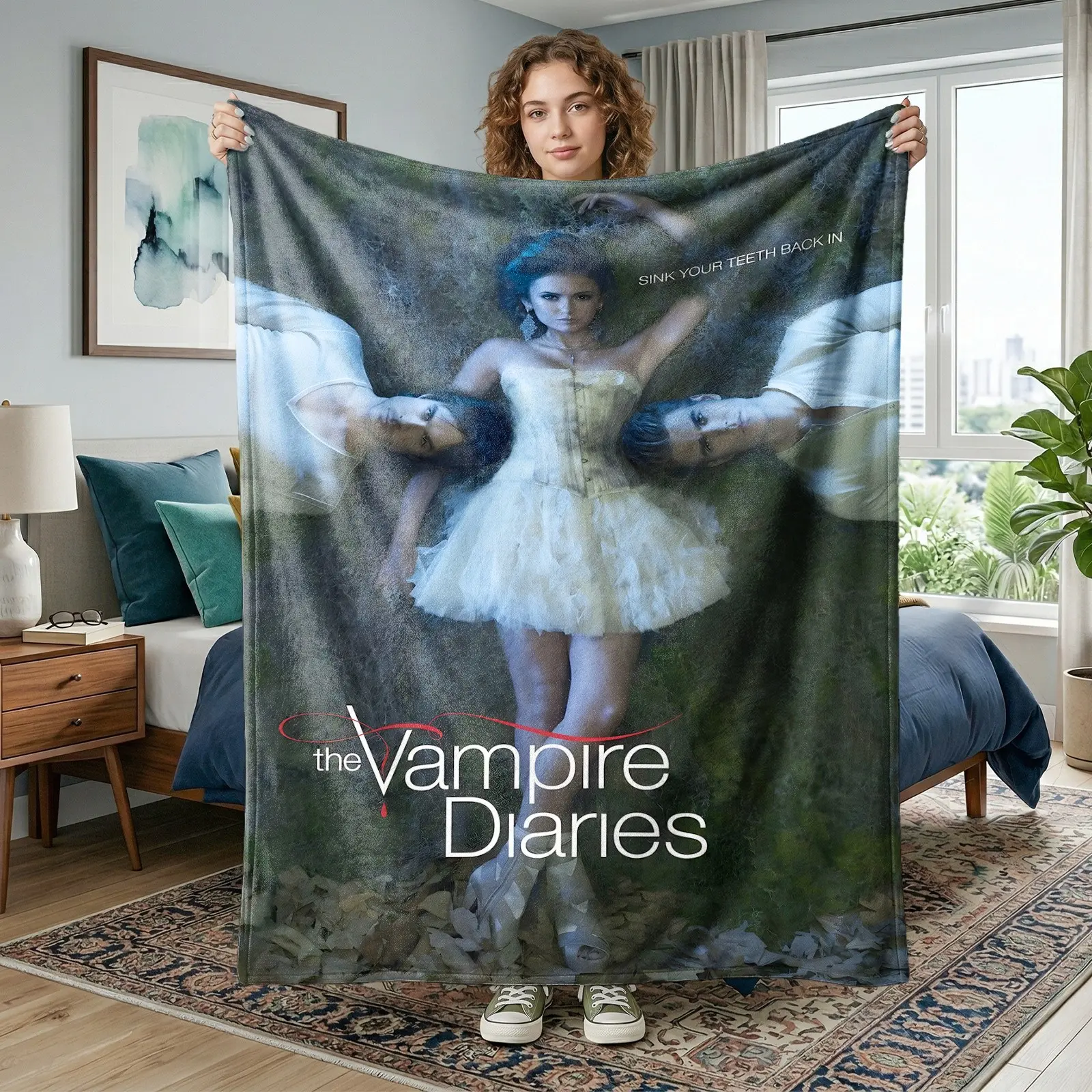 1pc The Vampire Diaries Movie Poster Fleece Blanket, Dark Forest Main Characters Gothic Vintage Print. Soft Warm Throw for Sofa, Bed, Office, Camping Trip, Ideal Halloween Gift.