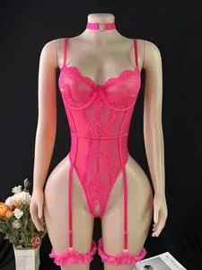 Lace Mesh Sexy Women's Open Crotch One-Piece Set with Steel Ring, 4 Piece Set Includes Bodysuit, Neck Circle, Leg Rings, Elegant Nightwear sexy curvy clean girl style