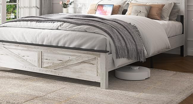 ARCH Queen Bed Frame Farmhouse, Queen Size Bed Frame with Storage Headboard & LED Lights, Charging Station Boho Platform Bed, Queen Bed Frame Metal Slats No Box Spring Needed Bedroom Set
