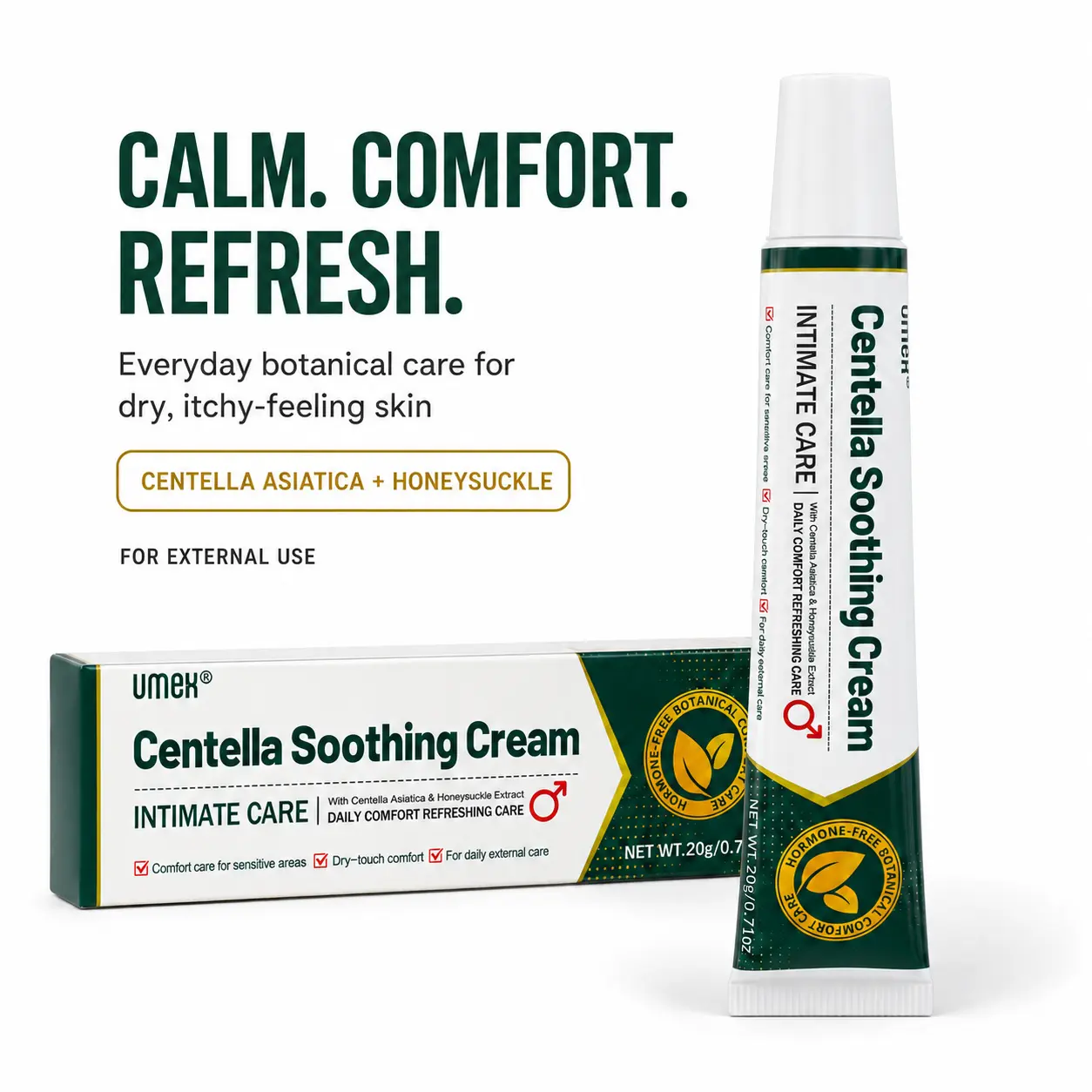UMEX Centella Soothing Cream, Botanical Comfort Balm for Sensitive External Skin, Centella Asiatica & Honeysuckle, Dry-Touch Daily Care, 20g / 0.71 oz ,invisible repair