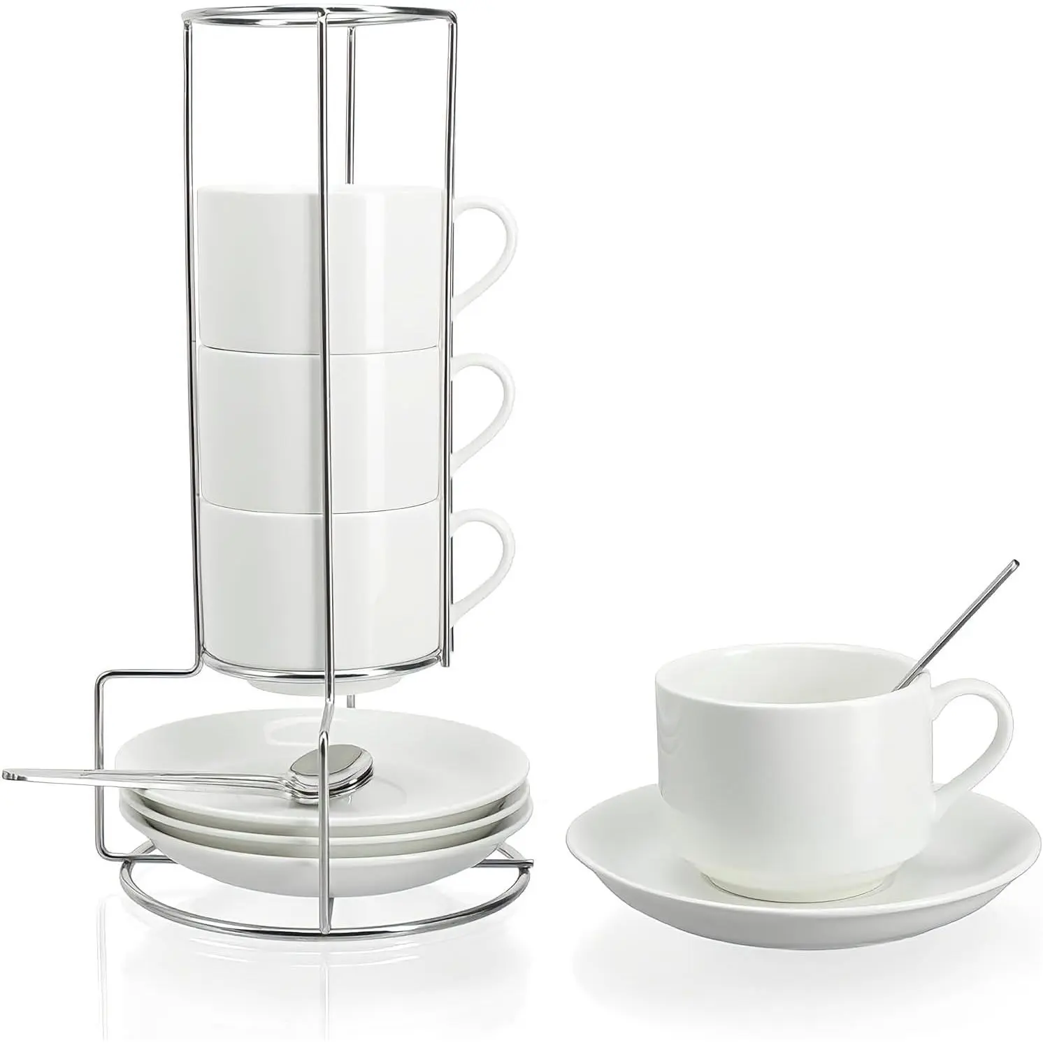 3 Ounce Espresso Cups Set of 4 Stackable Demitasse Mugs Includes Display Stand Cups Saucers and Spoons for Machines & Home Use White Silver Tone