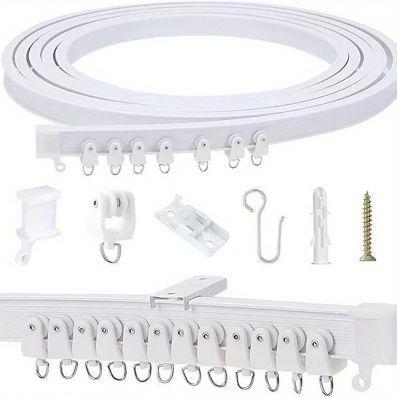 Flexible Ceiling Mount Curtain Track with Multi-Hook Brackets, White Metal Bendable Curtain Rail, Durable Multi-Purpose Hardware for Room Divider, Bathroom & RV Household Partition Curtain Slide Rail