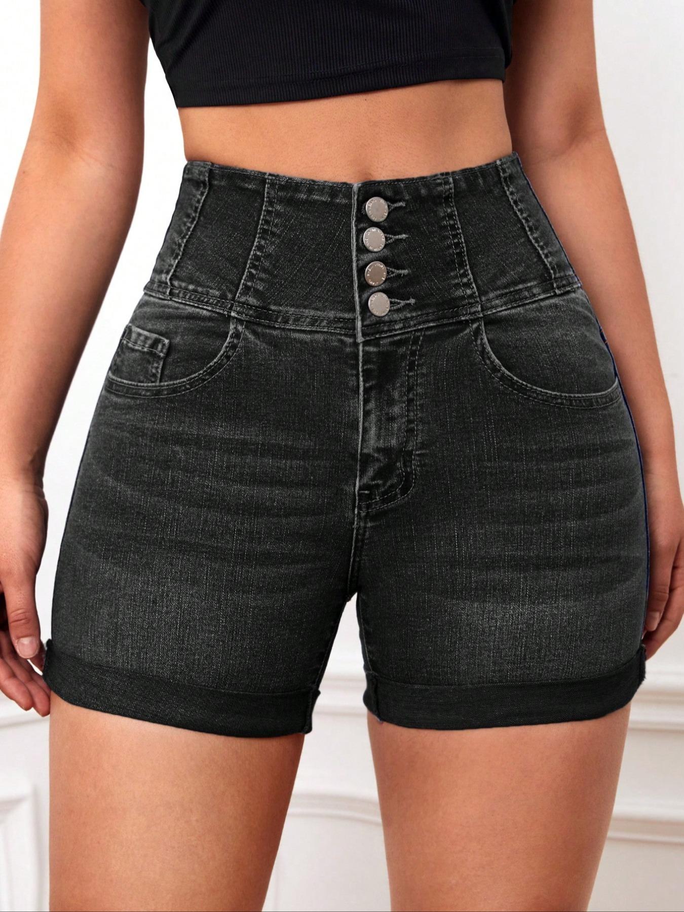 Women's High Waist Denim Shorts, Casual Comfy Button Fly Skinny Shorts for Daily Wear, Ladies Bottoms for All Seasons