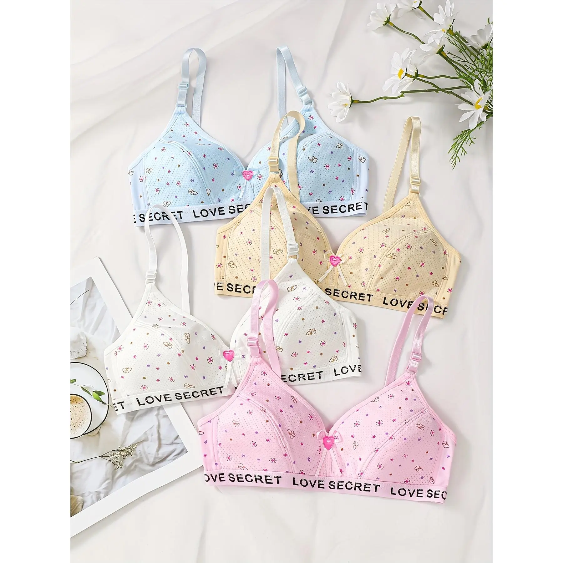 [Sports Bra with Bow] 4pcs Girls' Sports Bra with Bow and Adjustable Straps, for Teenager