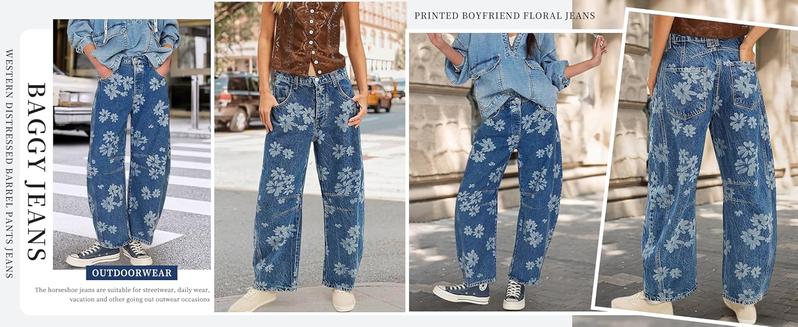 Women Y2k Distressed Barrel Jeans Baggy Wide Leg Jeans Floral Printed Boyfriend Patchwork Denim Pants2026