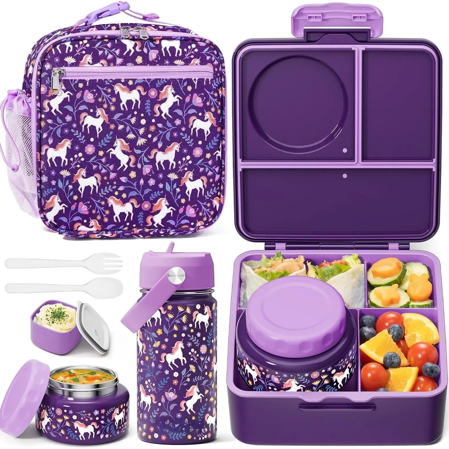 Bento Lunch Box with Thermo, Leakproof  Bento Box with 8.5 OZ Insulated  Jar, Lunch Bag,  Water Bottle, 3 or 4 Compartment Container for  to School  Girls Boys