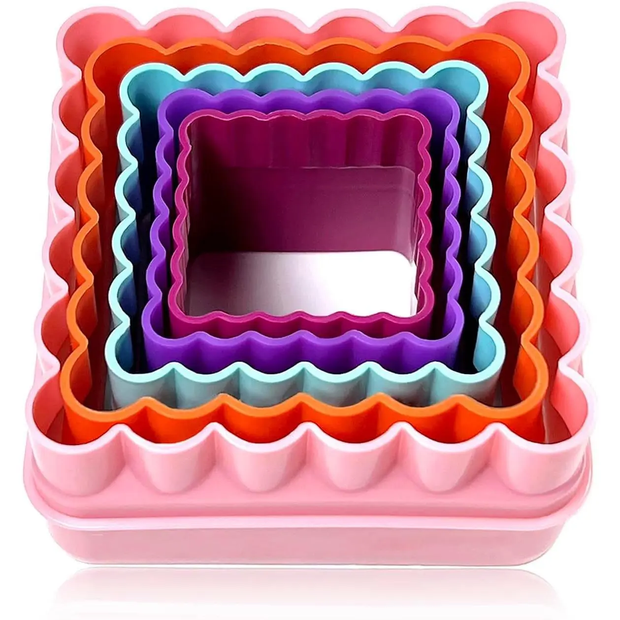 Cookie Biscuit Cutter Set, Two Side Cookie Cutters Plastic Set Multi-size Cake Fruit Vegetable Shapes Cutter Random color (Square Shaped, 5 Pack)