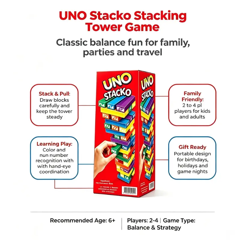 UNO Stacko Mattel Stacking Blocks Game Christmas Gift Family Party Balancing Toy for Kids Adults