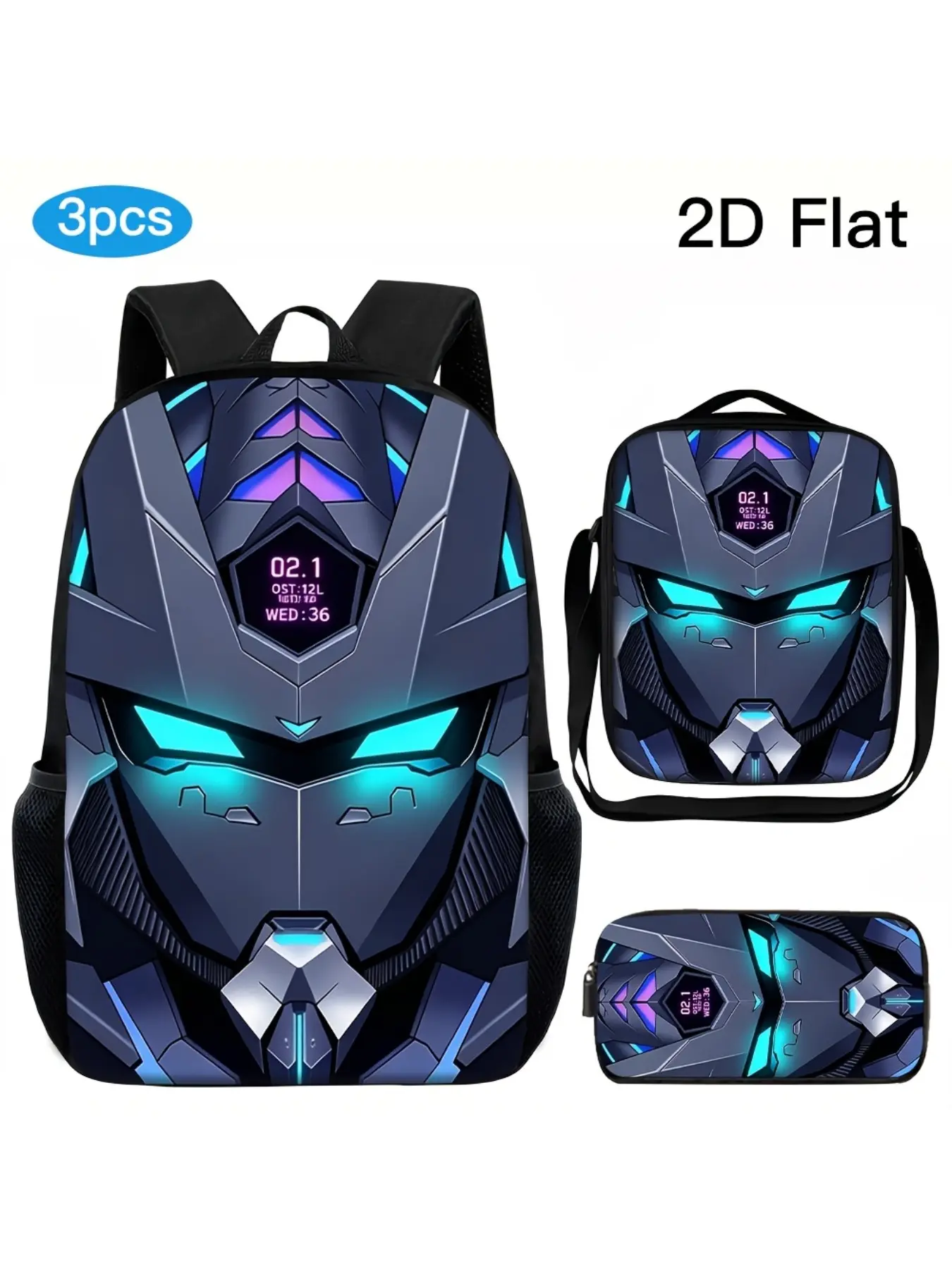 3-piece unisex large capacity backpack set, Cool Backpacks, Cyber Neon Mechanical 2D printed pattern, adjustable shoulder straps, zippered waist bag and pencil case, essential backpack for school, camping, travel and outdoor outings