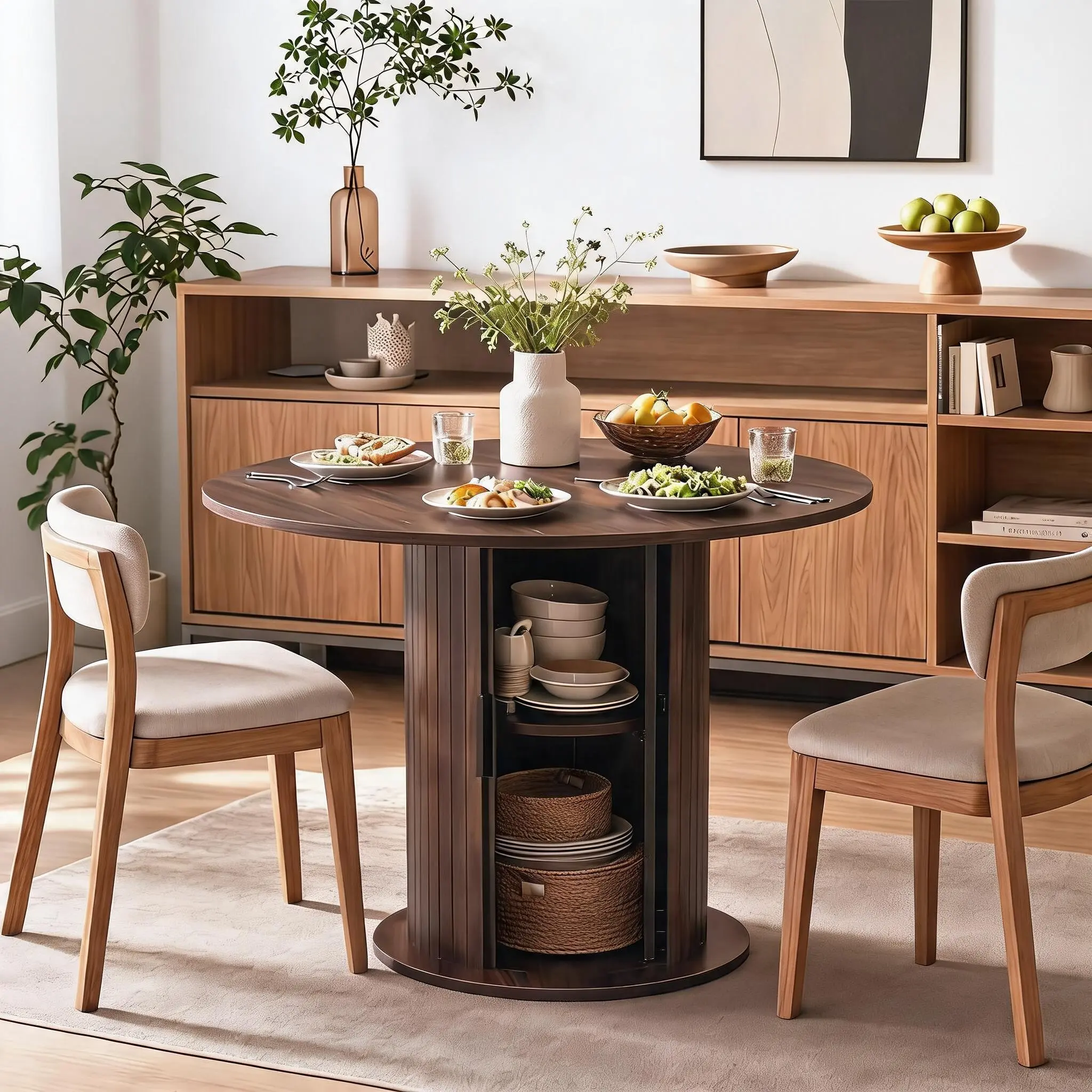 31.5" Round Dining Table for 2-4 features a dark walnut farmhouse finish and a hidden center storage column to maximize small spaces