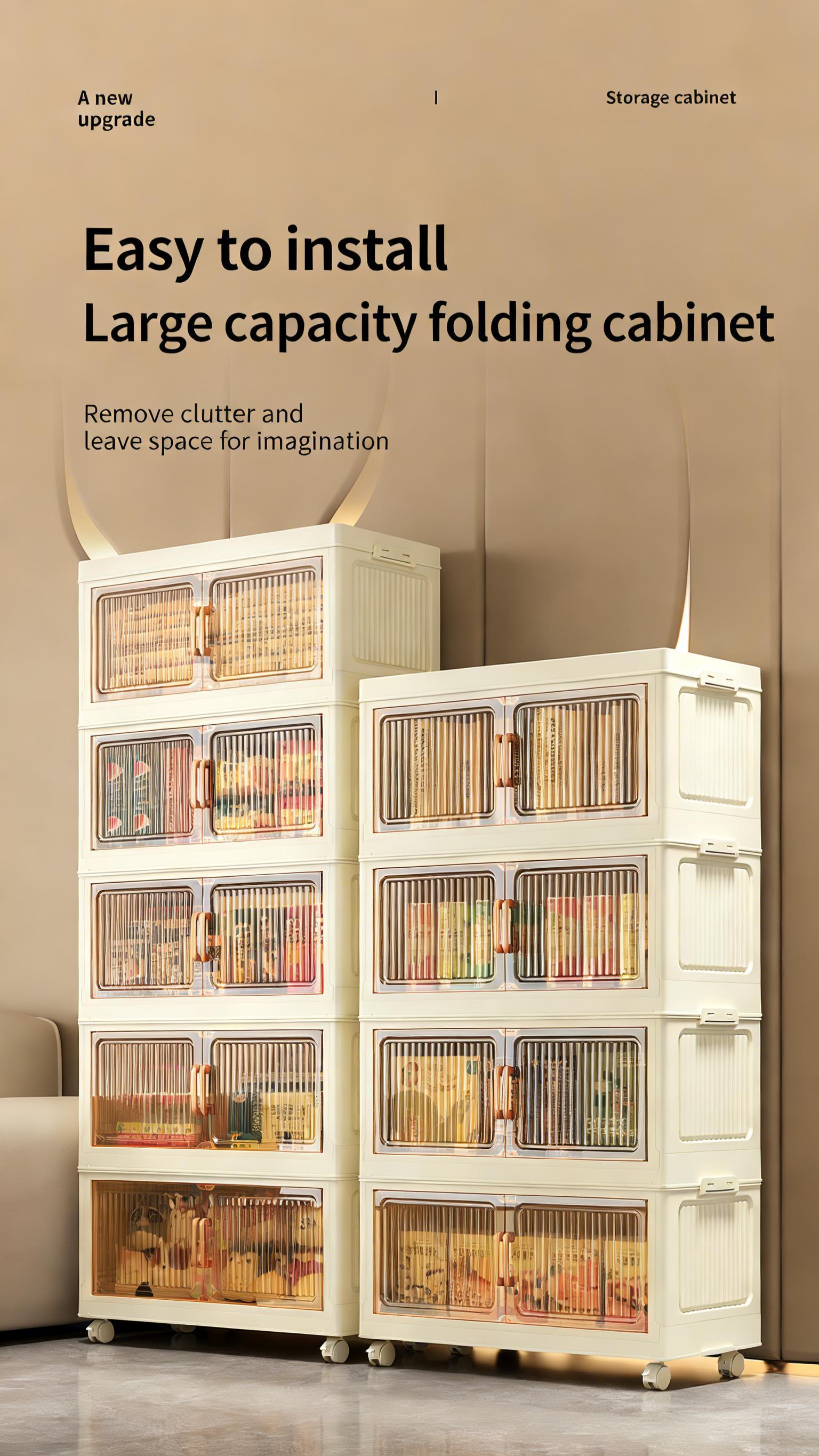 4 Tier Folding Storage Containers with Wheels, Stackable Collapsible Plastic Bins, Durable Organizer for Kitchen Pantry and Closet