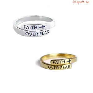 Open Cross Engraved Ring With FAITH OVER FEAR Lettering And Synthetic Gem, Unisex Stylish Ring For Daily Wear
