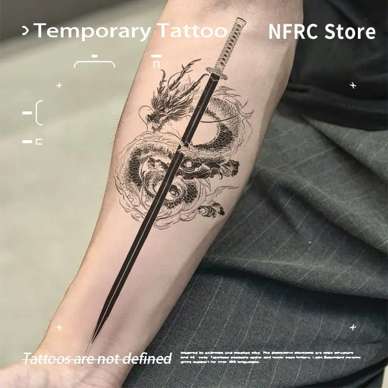 Coiled Dragon With Katana Forearm Herbal Juice Temporary Tattoo Semi‑Permanent Waterproof Long‑Lasting Oriental Dragon Sword Fake Tattoo Stickers for Forearms Men Women