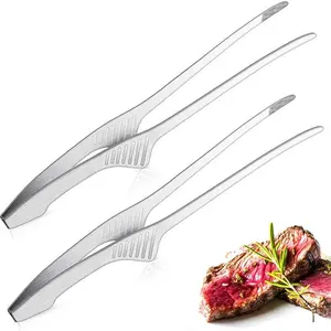 LMETJMA Stainless Steel Grill Tongs Patelai Korean and Japanese BBQ Tongs Non Slip Food Tongs Kitchen Self-Standing Tongs JT502